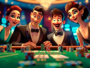 "3D cartoon rendering of a person playing a casino game."