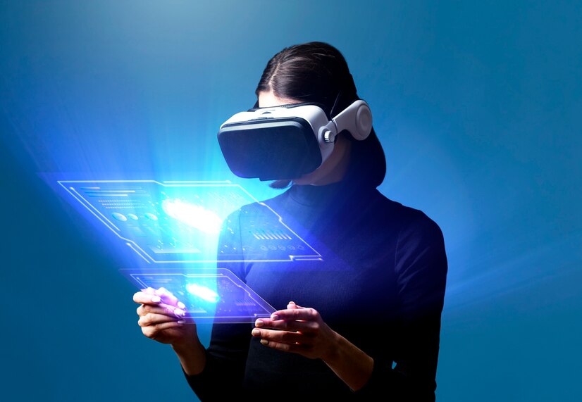 shot of a woman wearing VR glasses, immersed in a virtual reality experience