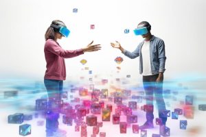 A young woman and a young man wearing AR/VR headsets, interacting with virtual elements in an immersive, futuristic environment.