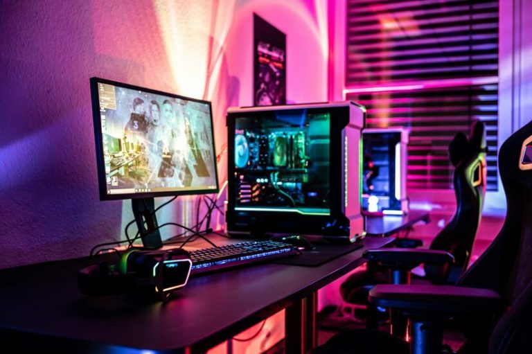 "Vibrant gaming setup with a sleek black desk, monitor, and RGB-lit computer components."